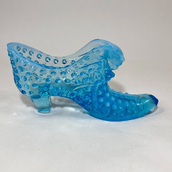 Vtg Fenton Cat Head Blue Opalescent Hobnail Glass 3995 Slipper Shoe 60s Glows - Picture 5 of 16